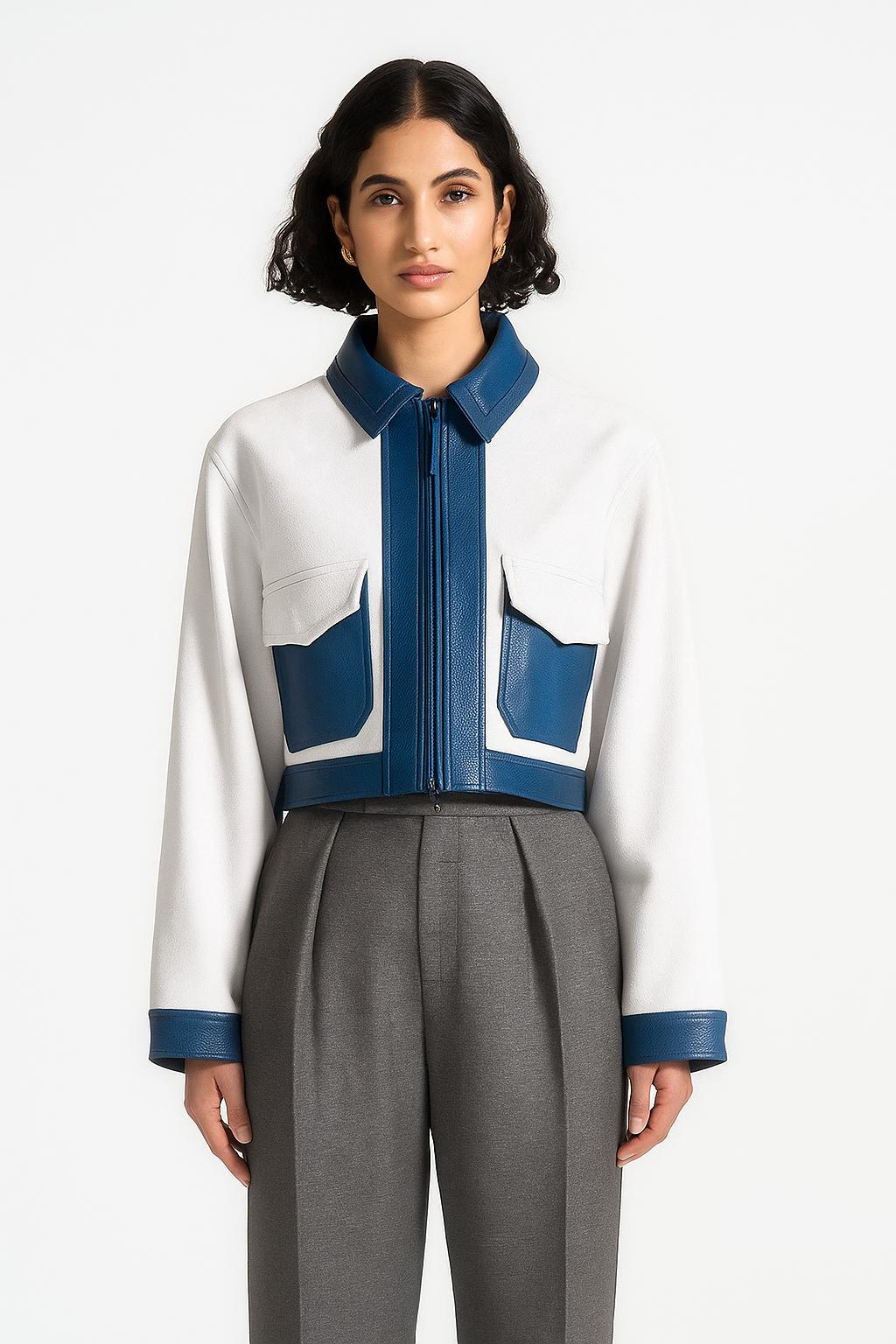 Falcate Luxe Duo-Tone Leather Crop Jacket – Ivory & Cobalt Blue